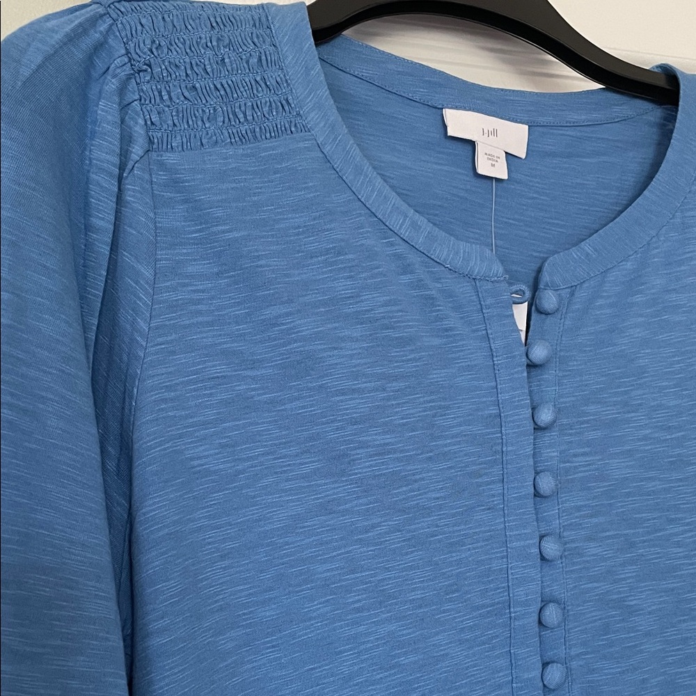 J. Jill Deep Sky Blue Henley Style Top with smocked shoulder and cuffs,